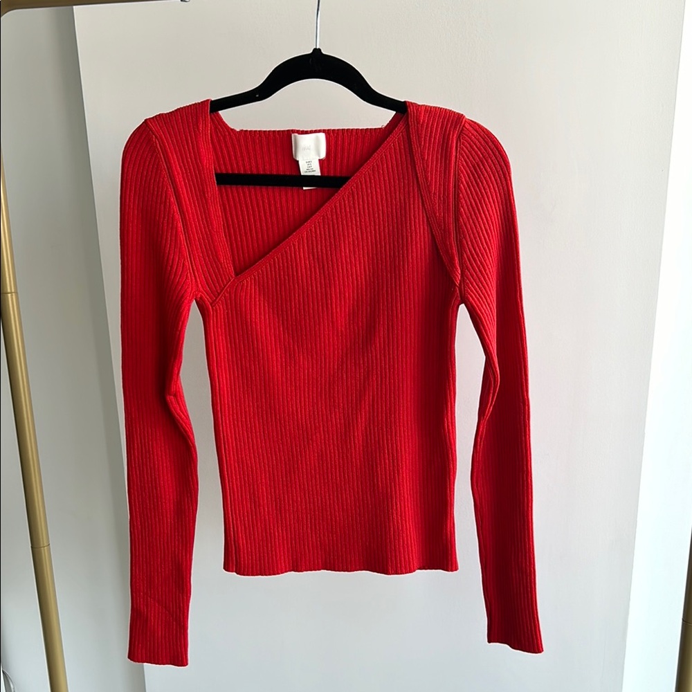 H&M Red Asymmetrical Ribbed Long sleeve Top